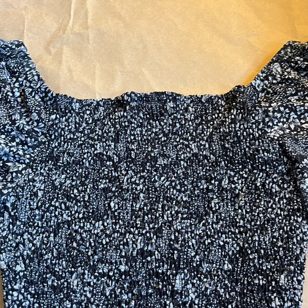 Anthropologie smocked top balloon sleeve scoop neck black print Aurelia XS